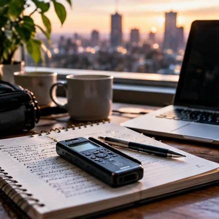 Journalist field notebook, voice recorder and laptop at a real-world reporting desk (illustrative AI-generated scene)