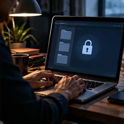 Documentary-style illustrative scene of journalist source protection workflow step 2; not a software screenshot