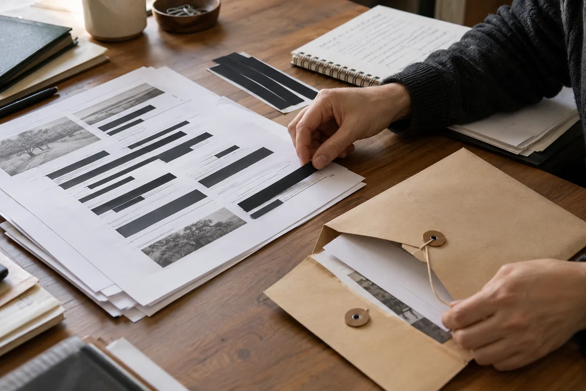 Faceless desk scene showing source-note classification and careful redaction