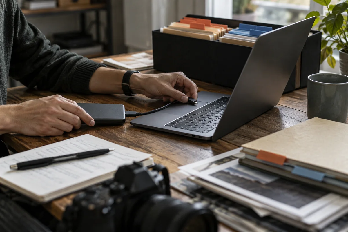 Faceless archival workspace with encrypted media and separated record sets