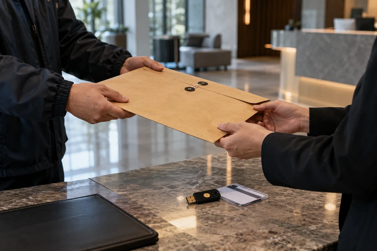 Faceless authorized handoff scene with a prepared encrypted drive and access checklist