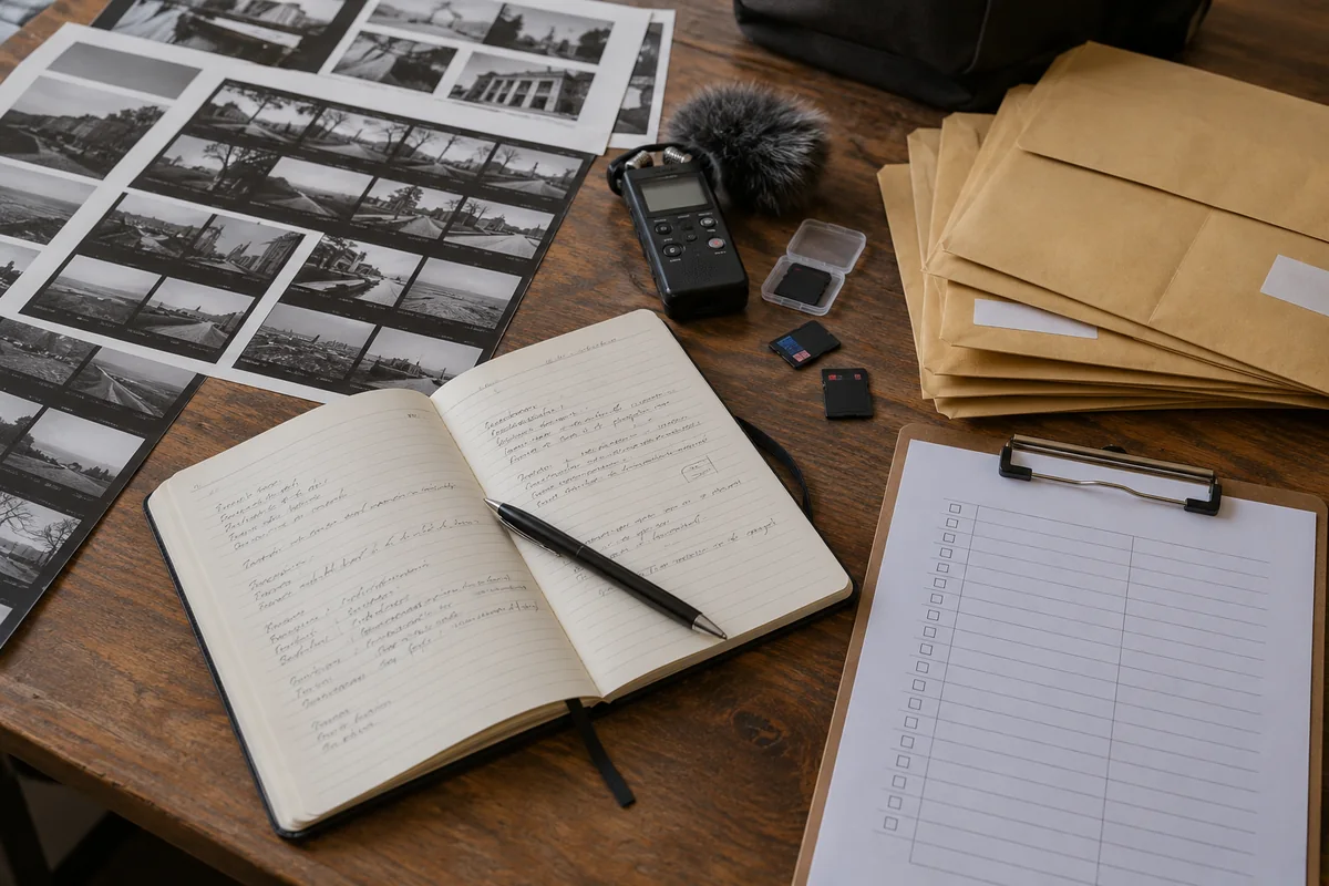 Faceless field-notes inventory with recorder, notebooks and labeled media