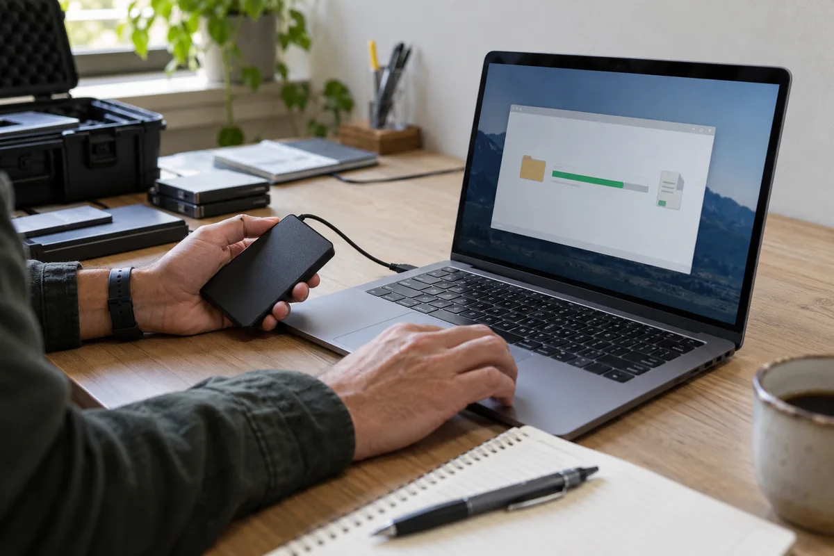 Faceless recovery drill with backup media, checklist and isolated test laptop