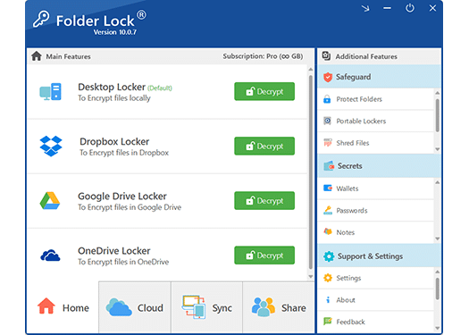 Folder Lock cloud locker screen from the official software archive
