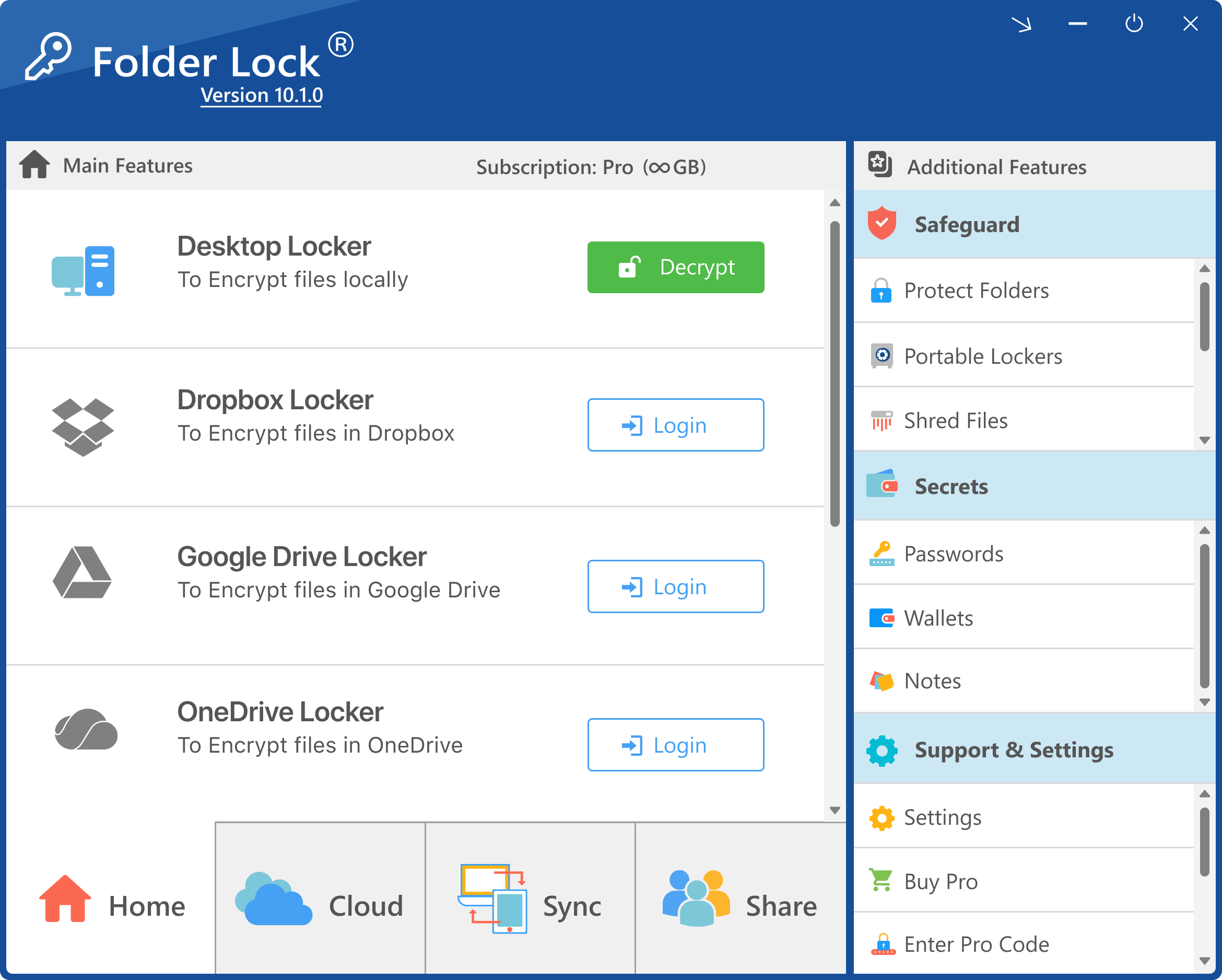 Folder Lock main feature dashboard from the official software archive