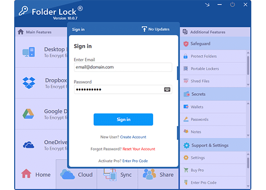 Folder Lock sign-in screen from the official software archive