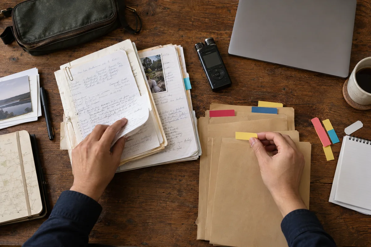 Reporter hands classifying interview notes and source-sensitive records before encryption