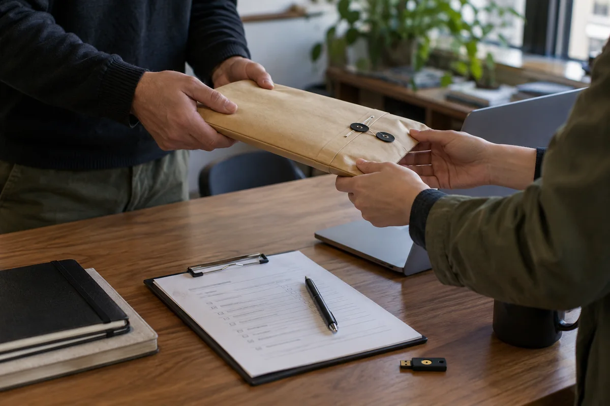 Faceless controlled handoff of sealed reporting notes with a custody checklist and hardware key